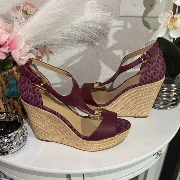 Michael Kors Burgundy and Tan Wedge Sandals - Picture 1 of 16